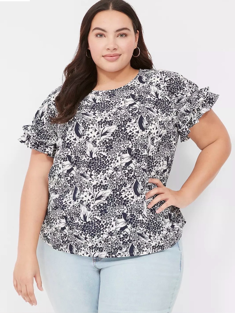 Lane Bryant Flutter Sleeve Crew Neck Floral Top